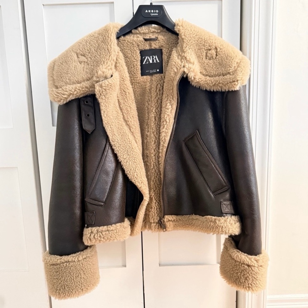 Zara Brown Leather Jacket with Cream Shearling
